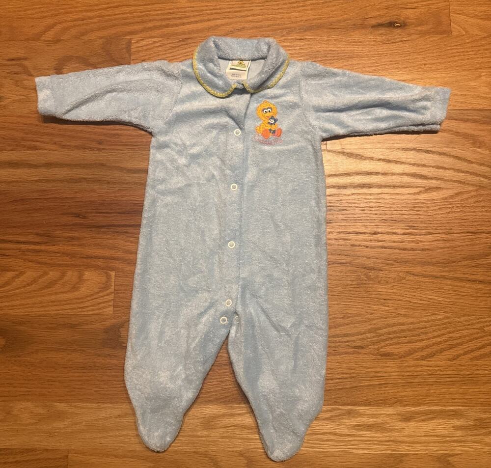 VTG Sesame Street Big Bird Terry Footed Snap Coverall 3-6M Blue